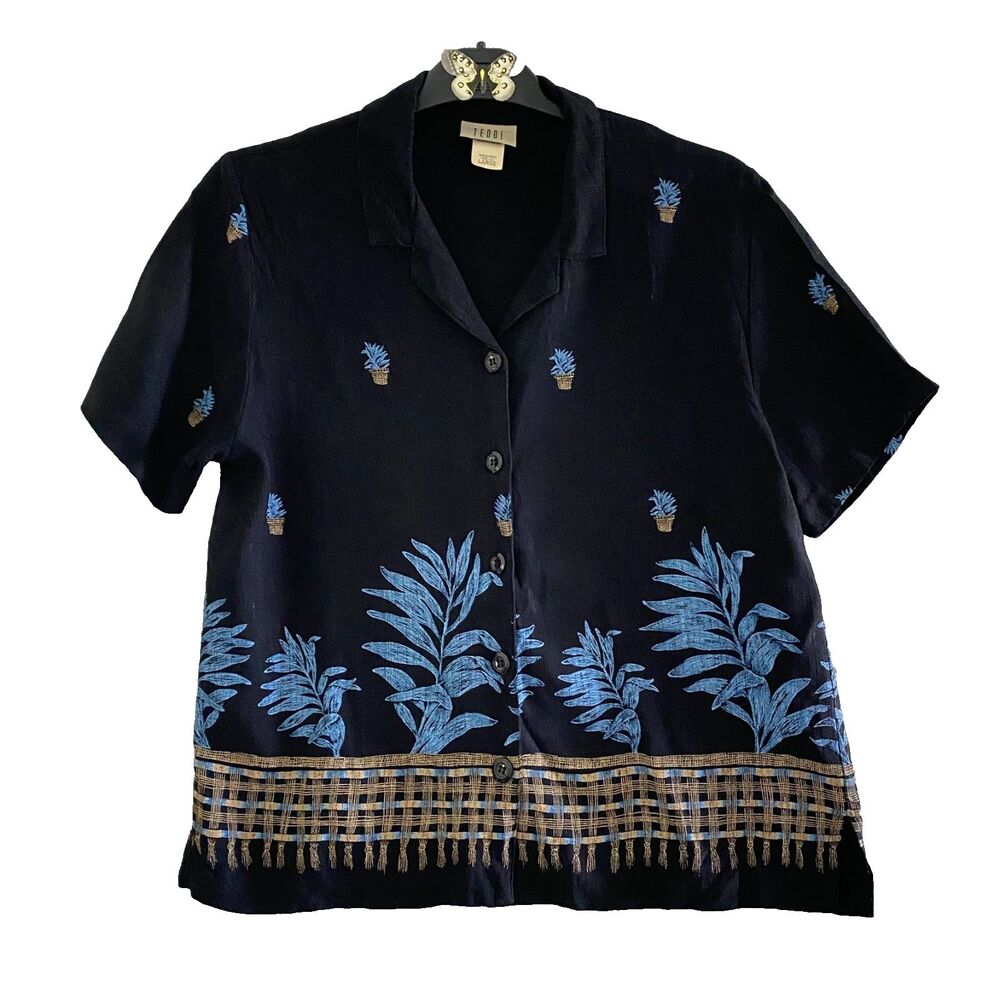 Vintage 80s Teddi Shirt Leave Print Size Large Rayon‎ Short Sleeve Black